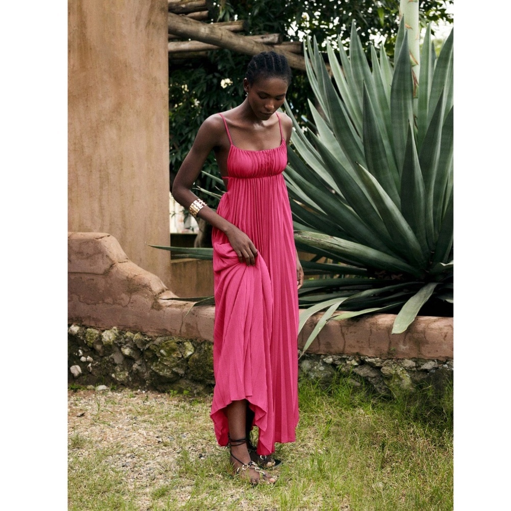 Pink Pleated Maxi Babydoll Dress Open Back Flowy Skirt Tie Straps - Picture 9 of 11